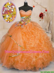 Deluxe Orange Sweetheart Neckline Beading and Ruffles Vestidos de Quinceanera Sleeveless Lace Up