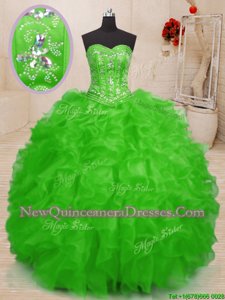 Top Selling Spring Green Ball Gowns Organza Sweetheart Sleeveless Beading and Ruffles Floor Length Lace Up Ball Gown Prom Dress