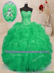 Flirting Teal and Green Sleeveless Floor Length Beading and Ruffles Lace Up Quinceanera Dress