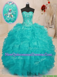 Elegant Sleeveless Floor Length Beading and Ruffles Lace Up 15th Birthday Dress with Aqua Blue