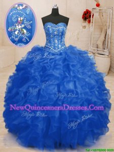 Wonderful Blue Organza Lace Up 15 Quinceanera Dress Sleeveless Floor Length Beading and Ruffles