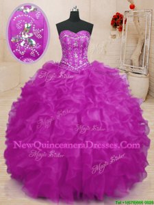 Spectacular Fuchsia Sweetheart Neckline Beading and Ruffles Ball Gown Prom Dress Sleeveless Lace Up