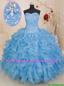 Custom Made Blue Sleeveless Beading and Ruffles Floor Length 15 Quinceanera Dress