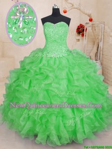 Eye-catching Organza Sweetheart Sleeveless Lace Up Beading and Ruffles Quinceanera Dresses inSpring Green