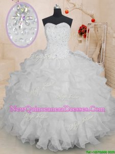 Fashionable Floor Length White Ball Gown Prom Dress Organza Sleeveless Spring and Summer and Fall and Winter Beading and Ruffles