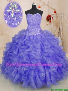 Sexy Lavender Organza Lace Up Vestidos de Quinceanera Sleeveless Floor Length Beading and Ruffles