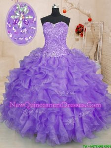 Elegant Lavender Lace Up Sweetheart Beading and Ruffles 15th Birthday Dress Organza Sleeveless