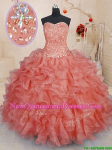 Romantic Watermelon Red Sleeveless Beading and Ruffles Floor Length Vestidos de Quinceanera