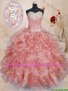 Edgy Ball Gowns Sweet 16 Quinceanera Dress Watermelon Red Sweetheart Organza Sleeveless Floor Length Lace Up