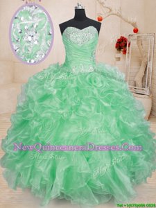 Graceful Sleeveless Floor Length Beading and Ruffles and Pick Ups Lace Up Quinceanera Gown with Apple Green