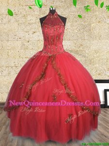 Exquisite Red Halter Top Neckline Beading Sweet 16 Dress Sleeveless Lace Up