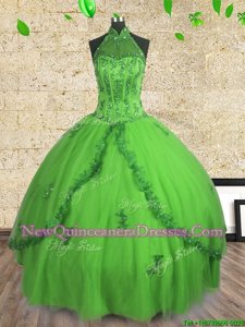 Dynamic Halter Top Floor Length Lace Up Sweet 16 Quinceanera Dress Spring Green and In for Military Ball and Sweet 16 and Quinceanera withBeading