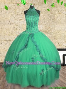 Glamorous Turquoise Tulle Lace Up Halter Top Sleeveless Floor Length Quinceanera Dress Beading