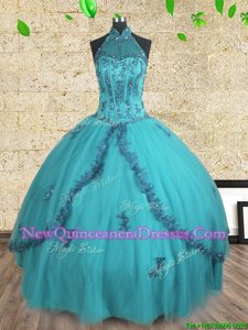 Modest Halter Top Teal Sleeveless Floor Length Beading Lace Up Ball Gown Prom Dress