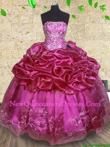 Deluxe Fuchsia Vestidos de Quinceanera Military Ball and Sweet 16 and Quinceanera and For withBeading and Embroidery and Pick Ups Strapless Sleeveless Lace Up