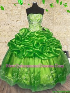 Graceful Spring Green Organza Lace Up 15th Birthday Dress Sleeveless Floor Length Beading and Embroidery