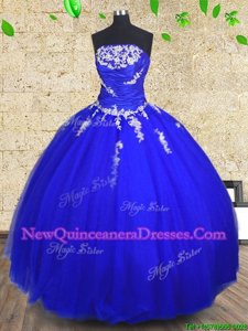 Elegant Tulle Strapless Sleeveless Lace Up Appliques and Ruching Quinceanera Dress inRoyal Blue