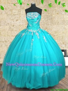 High End Aqua Blue Tulle Lace Up Strapless Sleeveless Floor Length Vestidos de Quinceanera Appliques and Ruching