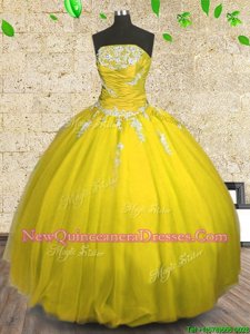 Designer Yellow Strapless Lace Up Appliques and Ruching Vestidos de Quinceanera Sleeveless