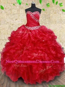 Wonderful Sleeveless Floor Length Beading and Ruffles Lace Up Sweet 16 Quinceanera Dress with Red