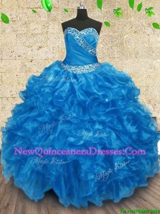 Traditional Ball Gowns 15th Birthday Dress Baby Blue Sweetheart Organza Sleeveless Floor Length Lace Up