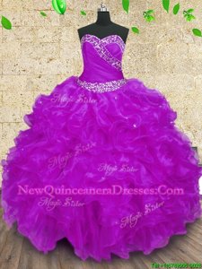 Custom Design Purple Halter Top Neckline Beading and Ruffles and Ruching Quinceanera Dresses Sleeveless Lace Up