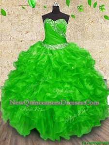 Glittering Organza Sweetheart Sleeveless Lace Up Beading and Appliques and Ruffles and Ruching Quinceanera Gown inSpring Green