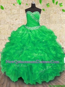 Hot Sale Floor Length Lace Up Quinceanera Gowns Green and In for Military Ball and Sweet 16 and Quinceanera withBeading and Appliques and Ruffles and Ruching