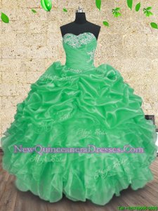 Custom Fit Sleeveless Organza Floor Length Lace Up Quinceanera Dresses inApple Green withBeading and Appliques and Ruffles and Ruching