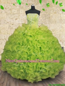 Fashionable Yellow Green Ball Gowns Strapless Sleeveless Organza Floor Length Lace Up Beading and Ruffles Sweet 16 Quinceanera Dress