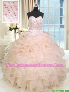 Exquisite Ball Gowns Quinceanera Gowns Peach Sweetheart Organza Sleeveless Floor Length Lace Up