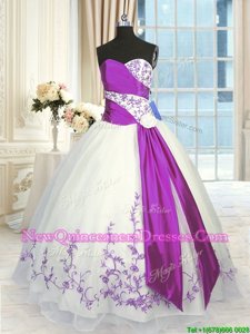 Fabulous Sleeveless Organza Floor Length Lace Up Sweet 16 Dress in White And Purple withEmbroidery and Sashes|ribbons