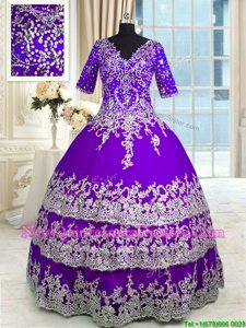 Ruffled Floor Length Ball Gowns Half Sleeves Purple Sweet 16 Quinceanera Dress Zipper