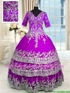 Exquisite Ruffled Floor Length Ball Gowns Half Sleeves Purple 15 Quinceanera Dress Zipper