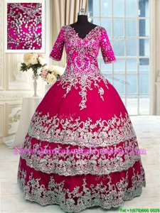 Shining Floor Length Zipper 15 Quinceanera Dress Red and Hot Pink and In for Military Ball and Sweet 16 and Quinceanera withBeading and Appliques and Ruffled Layers