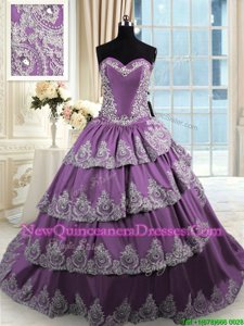 Excellent Purple Ball Gowns Beading and Appliques and Ruffled Layers Sweet 16 Dresses Lace Up Taffeta Sleeveless With Train