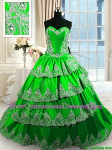 New Style Sweetheart Sleeveless Quinceanera Dress With Train Court Train Beading and Appliques and Ruffled Layers Spring Green Taffeta