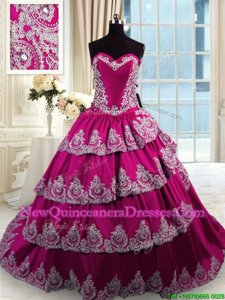 Fantastic Spring and Summer and Fall and Winter Taffeta Sleeveless With Train Quinceanera Gown Court Train andBeading and Appliques and Embroidery and Ruffled Layers