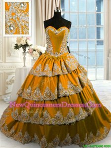 Custom Design Beading and Appliques and Ruffled Layers Sweet 16 Dresses Gold Lace Up Sleeveless With Train Court Train