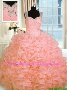 Simple Watermelon Red Organza Zipper 15th Birthday Dress Sleeveless Floor Length Beading and Ruffles