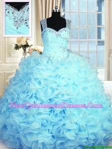 On Sale Sleeveless Floor Length Beading and Ruffles Zipper Quinceanera Gown with Aqua Blue