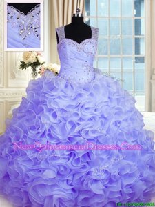 Chic Lavender Ball Gowns Straps Sleeveless Organza Floor Length Zipper Beading and Ruffles Quinceanera Gowns