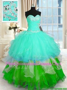 Edgy Multi-color Organza Lace Up Sweetheart Sleeveless Floor Length 15 Quinceanera Dress Beading and Ruffled Layers