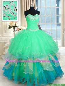 Affordable Sleeveless Organza Floor Length Lace Up Vestidos de Quinceanera inMulti-color withBeading and Appliques and Ruffles