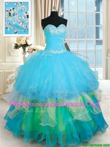 Great Spring and Summer and Fall and Winter Organza Sleeveless Floor Length Vestidos de Quinceanera andBeading and Ruffled Layers