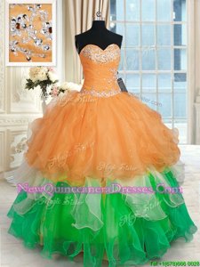 Low Price Multi-color Organza Lace Up Sweetheart Sleeveless Floor Length Sweet 16 Dresses Beading and Ruffles