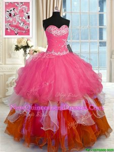 Designer Multi-color Organza Lace Up 15 Quinceanera Dress Sleeveless Floor Length Beading and Ruffles