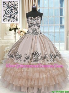 Vintage Sweetheart Sleeveless Sweet 16 Quinceanera Dress Floor Length Beading and Embroidery and Ruffled Layers Peach Organza and Taffeta