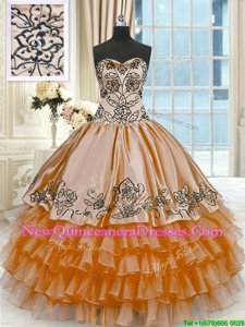 Charming Gold Sleeveless Floor Length Beading and Embroidery and Ruffled Layers Lace Up Vestidos de Quinceanera