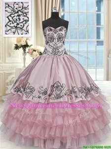 Graceful Sweetheart Sleeveless 15th Birthday Dress Floor Length Beading and Embroidery and Ruffled Layers Pink Organza and Taffeta